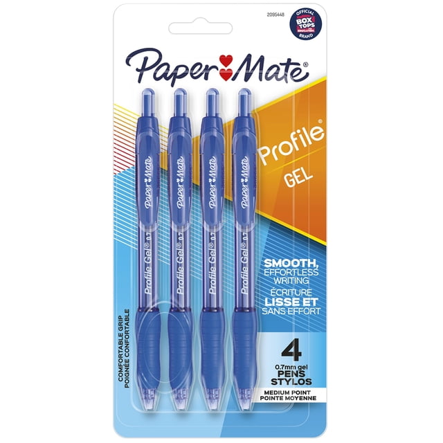 Paper Mate Profile Gel Pens, Medium Point (0.7 mm), Retractable, Blue Ink, 4 Count pack with four blue gel pens featuring soft comfort grips and smooth ink flow, suitable for office and school writing.