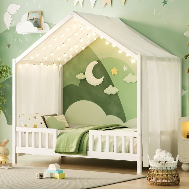 Euroco Lit Montessori au Sol avec Baldaquin, Lit Simple en Forme de Maisonnette pour Tout-Petit avec Hautes Rampes, Blanc