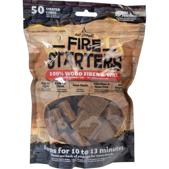 Get Stoked Fire Starters pack with 50 starter cubes made from 100% wood fiber and wax, easy to light and clean, odorless and mess-free, burns for 10 to 13 minutes, visible through clear window, eco-friendly, ideal for campfires, grilling, and indoor fireplaces.