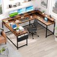 thumbnail image 4 of Ourlova Brown Versatile U-Shaped Computer Desk with Power Outlets & RGB LED Lights – 78-Inch Reversible L-Shaped Office Desk with Monitor Stand & Ample Storage for Gaming and Work, 4 of 7