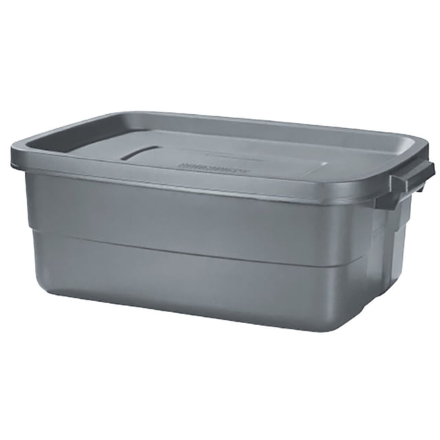 38 L (10 gal.) Roughneck® Tote- Grey, a rectangular grey plastic storage container with a stay-tight lid and built-in handles for easy lifting, designed for durable, stackable storage in garages, attics, or for seasonal gear organization.