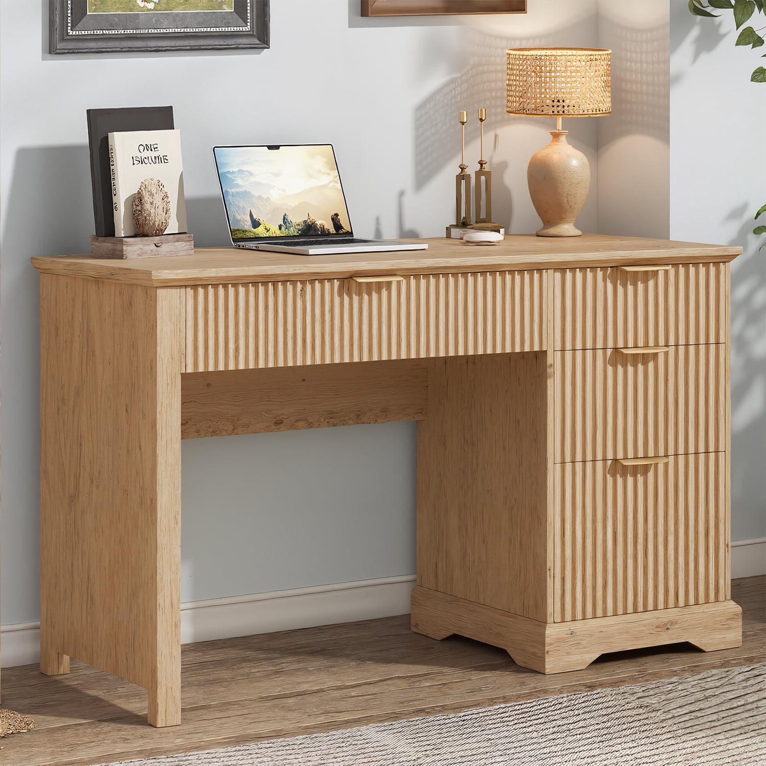 Vabches Fluted Executive Desk with File Drawer, Wood Home Office Desk with Large Drawers, Modern Computer Writing Desk for Study