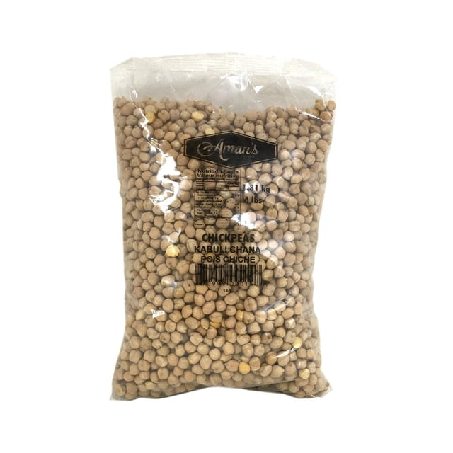 Aman's Chickpeas Kabuli Chana in a clear plastic bag showing light beige round chickpeas, labeled with brand and weight 1.81 kg (4 lbs), widely used in Mediterranean, Middle Eastern, and Indian cuisines for their mild nutty flavor and crunchy texture after cooking, also suitable for adding protein to salads and stews.