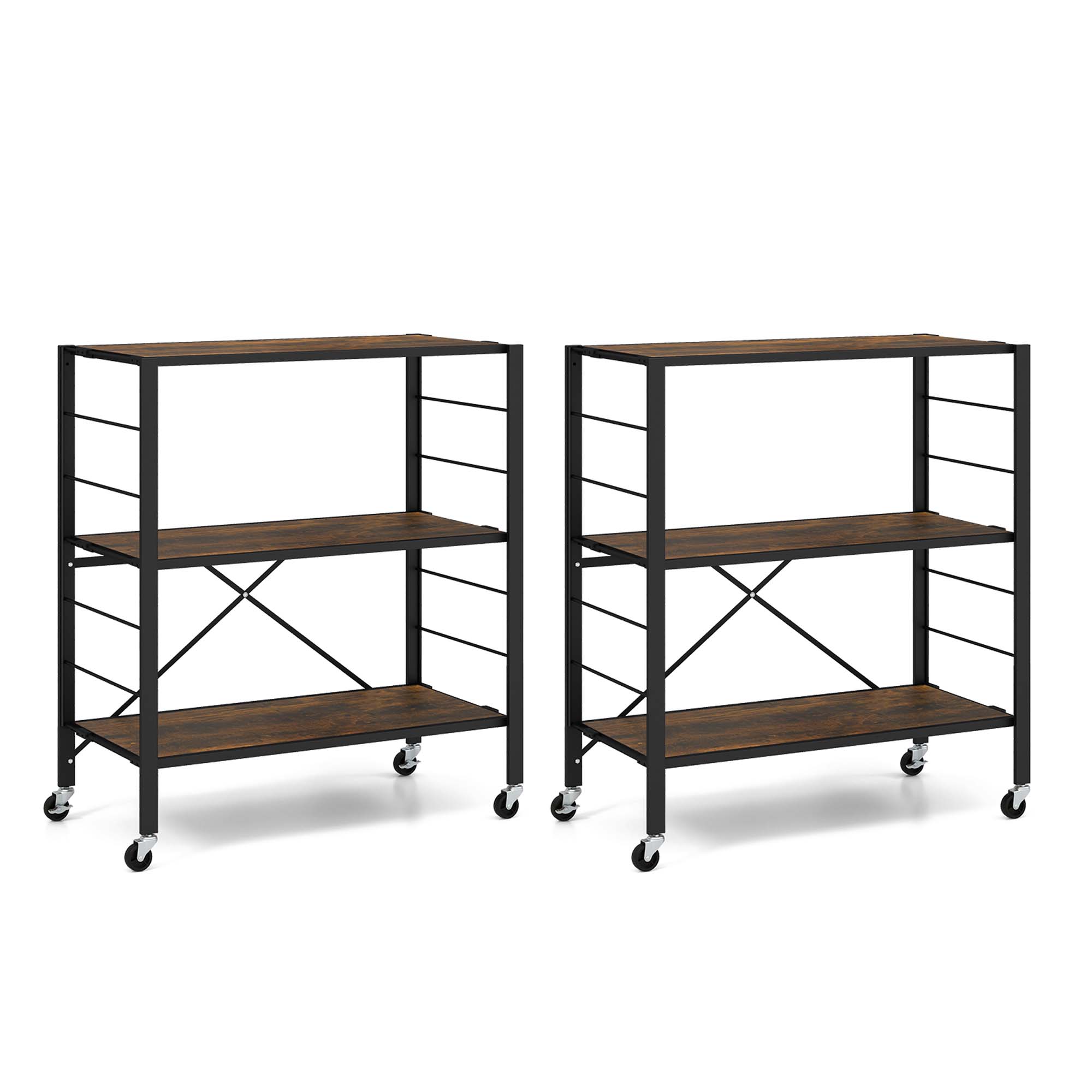 Costway 2 Pcs Étagère Pliante à 3 Niveaux Design DIY avec 4 Roues Universelles Cuisine Noir