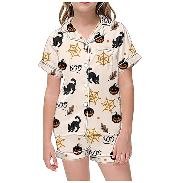 WEAIXIMIUNG Children's Leisure Printed Button Collar Short Sleeved Top Shorts Pajama Set 6-7 Years