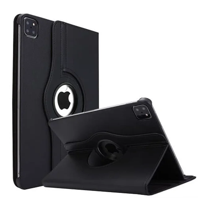 iPad Air 13 Inch Case 2024 and iPad Pro 12.9 Case (6th/5th Gen 2022/2021) in black, featuring a slim smart shell design with a translucent frosted hard PC back cover. The case supports Touch ID, Apple Pencil Pro/2nd generation, and USB-C compatibility. It includes a 360-degree rotating stand for multiple viewing angles in landscape and portrait modes. The built-in magnetic strip provides auto sleep/wake functionality. Made with a premium synthetic leather exterior, soft microfiber interior, and hard PC back shell for full protection against scratches, fingerprints, and daily wear.