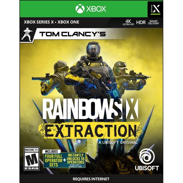 Tom Clancy’s Rainbow Six Extraction Xbox One and Xbox Series X game cover showing three tactical operators in black and yellow gear holding rifles against a yellow smoky background, with Ubisoft and Xbox logos, 4K Ultra HD, HDR, Smart Delivery icons, and Mature 17+ ESRB rating.