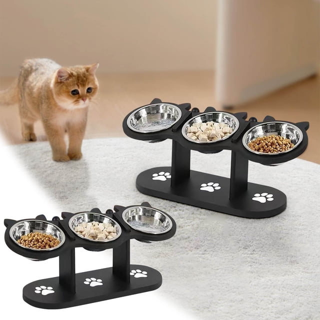 Support de Bol pour Nourriture de Chat Multicolore à Hauteur Réglable avec 3 Bols en Acier Inoxydable, Doté d'Une Conception d'Inclinaison à 15 Degrés et d'Une base en Bois Noire avec accents d'Empreintes de Pattes. l'Abreuvoir Surélevé pour Animaux Est Conçu pour les Chats et les Petits Chiens, Favorisant une Meilleure digestion et Réduisant la Tension au Cou. Comprend des Tapis Antidérapants et des Hauteurs Réglables Allant de 3,7 à 4,9 Pouces. les Bols Sont en Acier Inoxydable de Qualité Alimentaire et Va au Lave-Vaisselle, Convenant aux Aliments