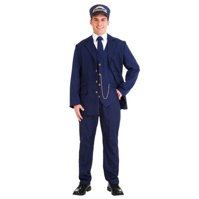 Costume de Chef de Train North Pole pour Adultes avec Veste Bleu Marine à Boutons Dorés Fonctionnels, Pantalon Assorti à Taille Élastique et Gilet avec Chaîne Dorée Intégrée et faux Boutons. Comprend une Cravate de 58 Pouces et un Toque de Chef avec Graphiques Imprimés, Complétant le Style pour un Événement Festif Ou à Thème.