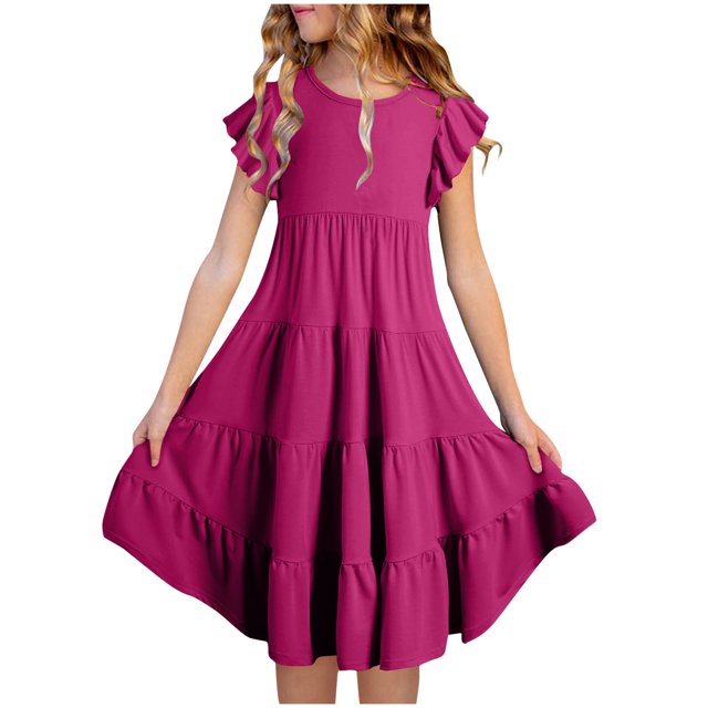 Penkiiy Fashion Girls' Summer New Short Sleeve Ruffled Pockets Round-Neck Solid Dress 12-13 Years Wine