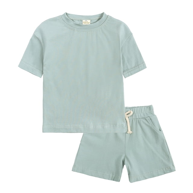 MIASHUI Boys Summer Tracksuit Outfits Solid Color Short Sleeve Shirts Shorts Outfits,Green,3-4 Years