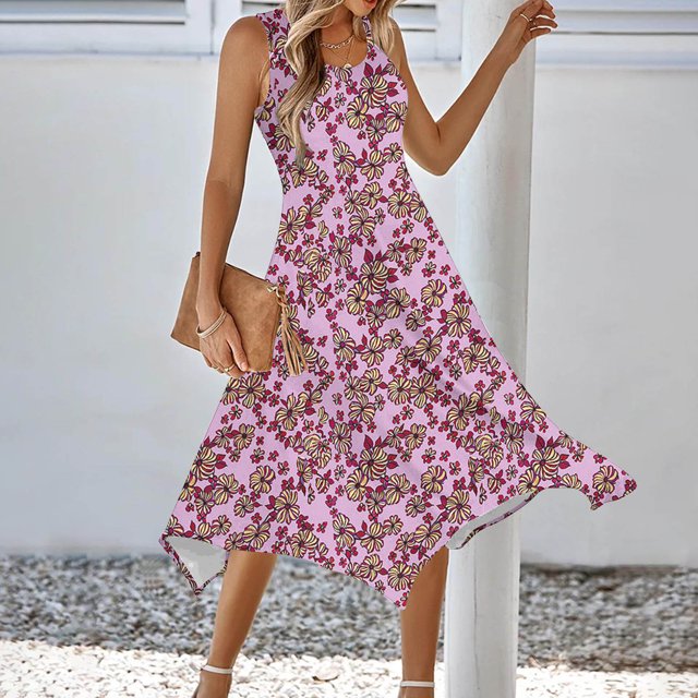 Ovzne Robes pour Femmes 2025 Robe Femme Imprimé Sans Manches Poche Ourlet Irrégulier Col Rond Robe Robe d'Été Imprimée Liquidation