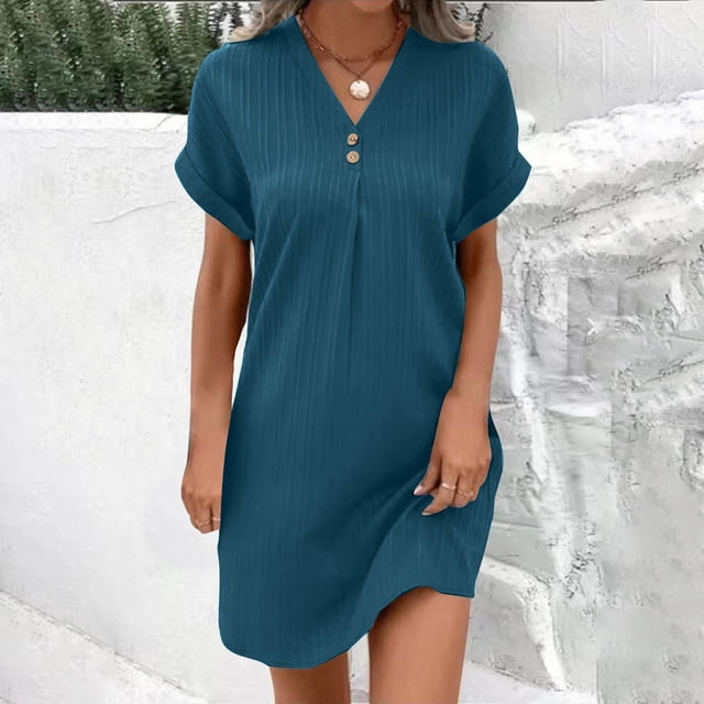 FcBaudy Robe à Manches Courtes à Col en V Longueur Genou, Robes d'Été pour Femmes, Robes pour Femmes Robe Décontractée à Col Uni à Manches Courtes avec Poche Ourlet Fendu Robe à Bretelles Robe Femme