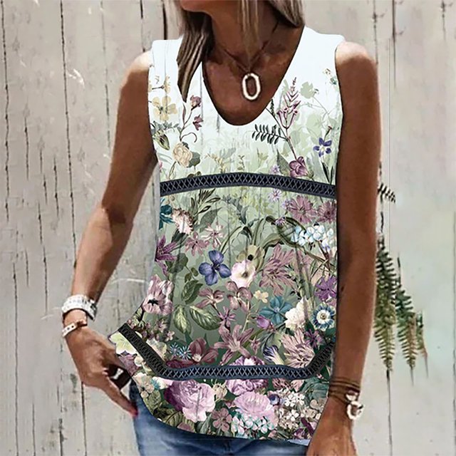 EQWLJWE Débardeurs Sans Manches pour Femmes Débardeurs d'Été pour Femmes Mode Femmes Été Sans Manches Col en V Chandail à Enfiler Imprimé Blouse Décontractée Hauts