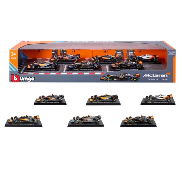 1:43 McLaren Formula Racing Die Cast 6-pack featuring highly detailed models of McLaren Formula 1 cars from 2022 and 2023 seasons. Includes cars driven by Lando Norris, Daniel Ricciardo, and Oscar Piastri, showcasing iconic moments like Ricciardo's 5th place finish in Singapore/Japan 2022 and Piastri's first podium at Qatar GP 2023. Each car features authentic sponsor and racing decals, presented in a unique collector's box by Bburago.