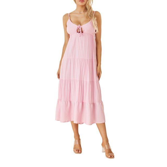 Kmbangi Robe Midi Cami d'Été pour Femmes Bretelles Spaghetti Couleur Unie Dos Nu Tie-Up Beach A-line Robe