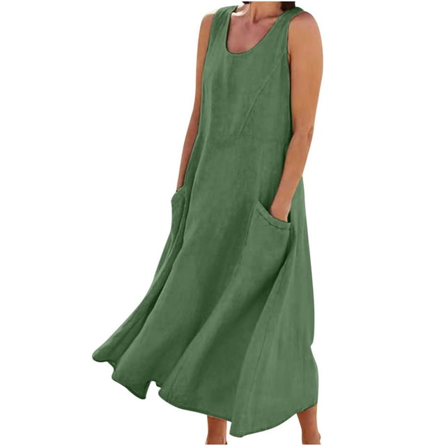 XZNGL Robe Longue d'Été pour Femmes Mode d'Été pour Femmes Décontractée Couleur Unie Sans Manches Coton Lin Robe Longue Longue Robe d'Été pour Femmes Longue Robe pour Femmes Été Coton Robe d'Été pour Femmes