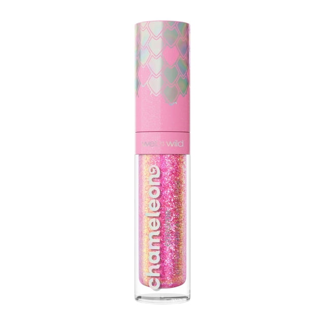 CHAMELEON CHROME LIP FOIL in a clear tube with pink and gold glittery multidimensional lip color, topped by a pink cap with holographic heart scale pattern and wet n wild branding, suitable for bold lip makeup.