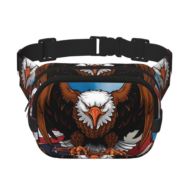 Kdxio Sac Banane à Double Couche Imprimé Aigle Chauve USA Sac de Taille Carré Ceinture Réglable Mains Libres Voyage Randonnée Course Sergé Poches de Sécurité