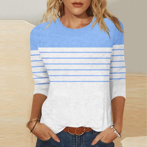 Sijiajgjfu Plus Size Tops for Women Casual Stripes 3/4 Lenght Sleeve Crew Neck Fall Baseball Tunic Pullover