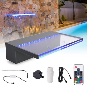 Acrylic Pool Waterfall Fountain with 9-Color LED Strip, 12" Spillway Waterfall for Swimming Pools, Ponds & Garden Patio – Outdoor Water Feature with Pipe Connector