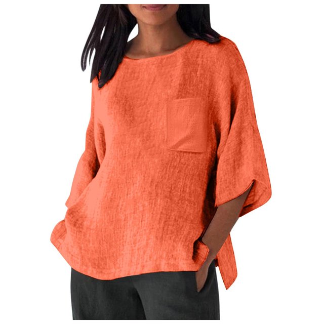 Hauts d'Été pour Femmes Élégants avec Manches 3/4 et Col Rond en T-Shirts Unis Confortables pour Femmes Orange L