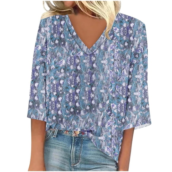 LOVZFMLL Women's Summer Tops Long Sleeve Summer V Neck Casual Regular Printed Blouse