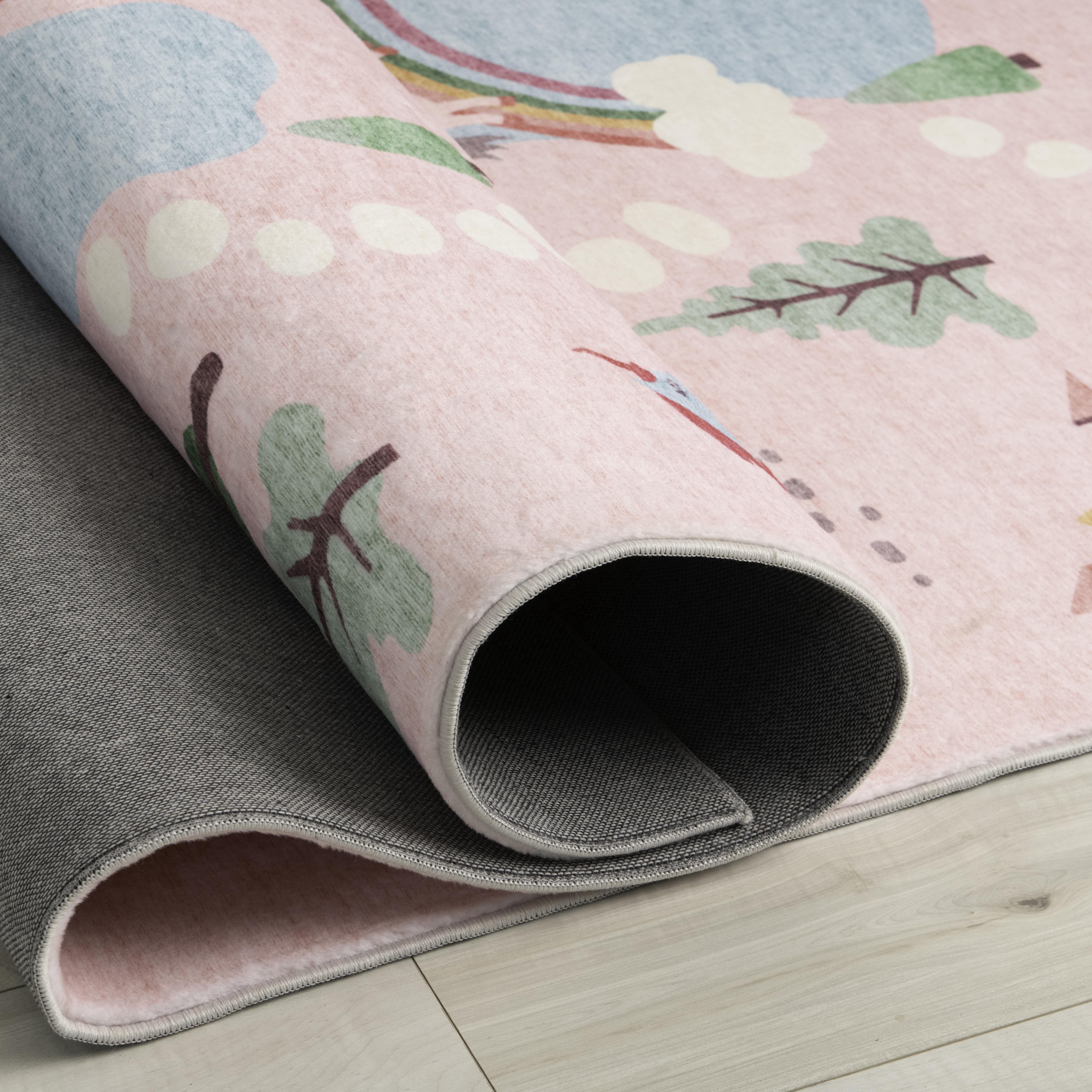 Rug Branch Soft Steps Playtime Licornes, Chateau, Carte routiere, Tapis educatif doux, Rose Blanc - Garcons et filles dans la salle de jeux, la creche, la chambre