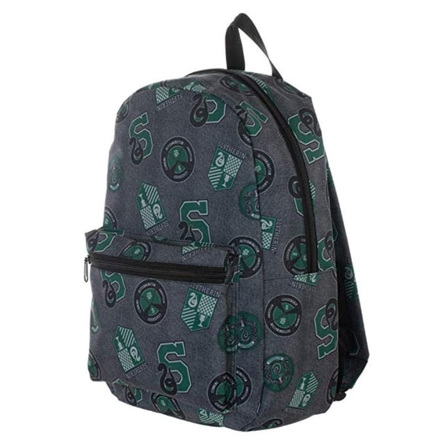 Harry Potter Licensed Slytherin Backpack featuring an all-over sublimated print with Slytherin symbols in green and black. This backpack includes a large main compartment with a zipper, an inner padded laptop pocket fitting up to a 15-inch laptop, and a front zipper pocket. It has padded adjustable shoulder straps for comfort and measures 16.5 inches in height, 11.5 inches in width, and 5 inches in depth. Made from durable polyester, this officially licensed Harry Potter merchandise is ideal for fans and suitable for school or everyday use.