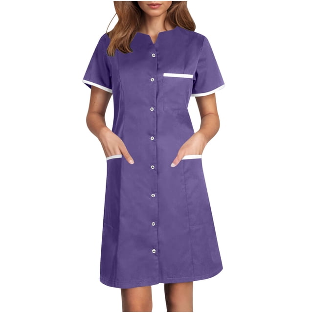 Bocqde Robe de Sarrau Femmes Infirmières Tenue de Travail Robes Manches Courtes Boutonnée Robe de Sarrau avec Poches
