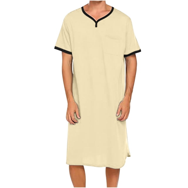 Chemise de Nuit Texturée en Coton pour Hommes, Robe de Nuit à Manches Courtes, Longue Robe, Blouse à Col en V, Haut de Pyjama, Coupe Ample et Décontractée, Confort, Chemise de Nuit Décontractée avec Poches