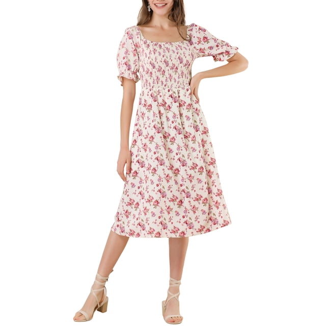 INSPIRE CHIC Robe pour Femme Édition Smockée à Fleurs Col Carré Manches Courtes Bouffantes Printemps Été Robes Midi Beige TG