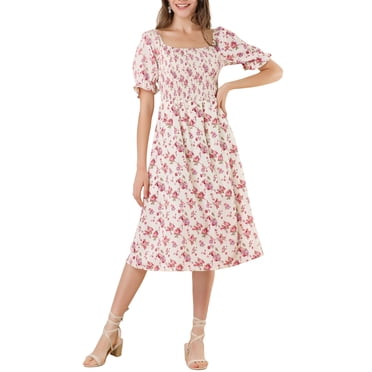 INSPIRE CHIC Robe pour Femme Smockée à Fleurs à Encolure Carrée Manches Courtes Bouffantes Printemps Été Robes Midi Beige G