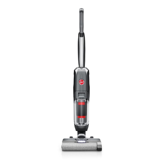HOOVER Streamline Corded Hard Floor Cleaner front-facing with grey and black body, red Hoover logo, clear dual tank system, and microfiber brush roll with LED headlights, designed for stick vacuum hard floor cleaning.