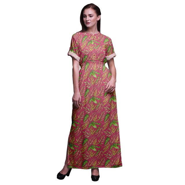 Bimba Robe Longue d'Été en Rayonne Imprimée d'Anthurium et de Feuilles de Frêne, Manches Kimono, Fente Maxi - Petit