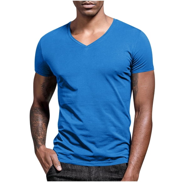 Brnmxoke T-Shirts d'Été Légers et Décontractés à Manches Courtes pour Hommes, Coupe Ample, Col en V Surdimensionné, Chandails à Enfiler, T-Shirts Grandes Tailles, Hauts de Base pour la Plage et les Vacances, Bleu Ciel, TG