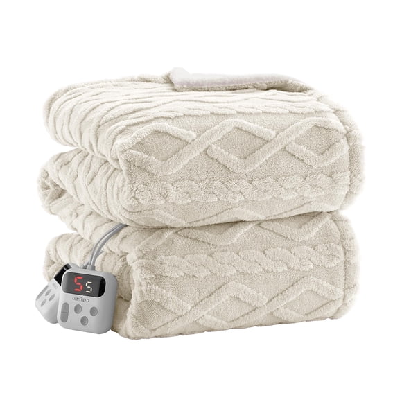 Beige 90×100 Inch Smart Heated Electric Blanket, LCD Controller 10 Heat & Timer Settings Sherpa Tufted Washable Overheat Protection