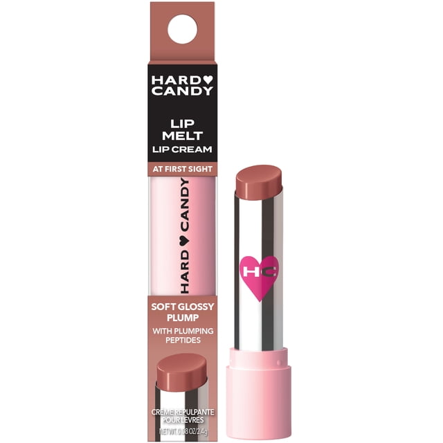 Hard Candy Insta Pout Lip Melting Crème pour les Lèvres dans une Teinte Douce, Lustrée et Dodue avec des peptides Repulpants, Montrée en tube Torsadé Rose et Argent à Côté de Son Emballage Rectangulaire Noir et Rose avec logo de Marque et Détails du Produit.