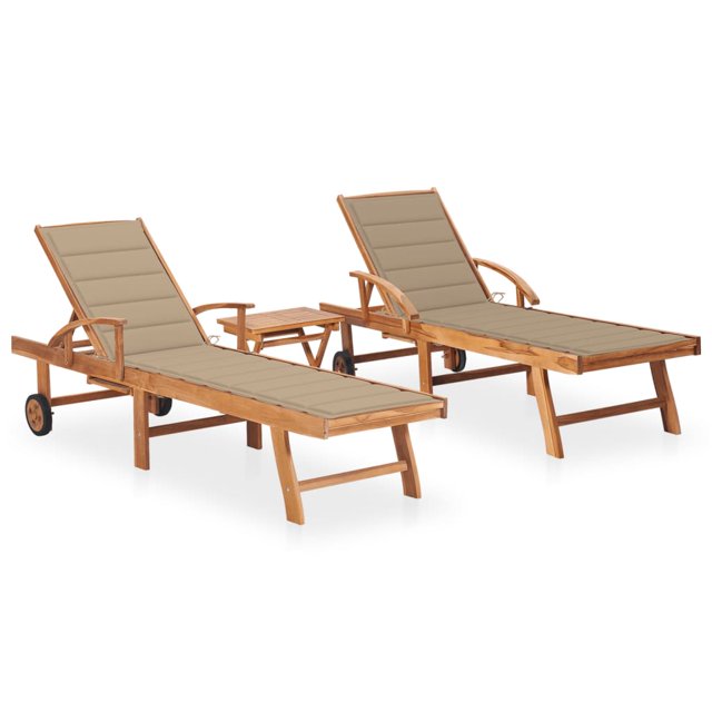 vidaXL Chaises Longues 2 Pcs avec Table et Coussin en Bois de Teck Massif
