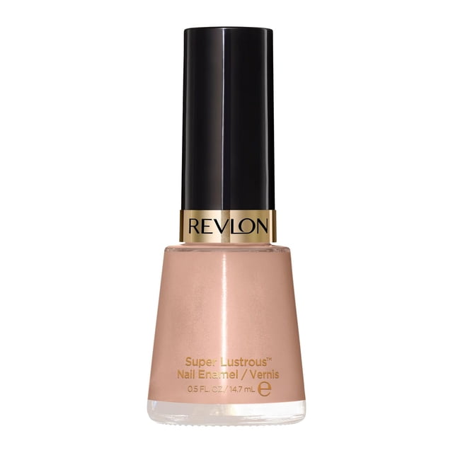 Revlon Super Lustrous Chip Resistant Nail Polish, 14.7mL in nude beige with a glossy finish, in a clear glass bottle with black cap and gold Revlon band, formulated for smooth, chip-resistant, and fade-resistant nail colour with ShadeLock Technology.