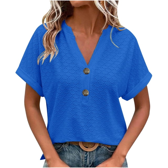 Dealovy Womesn Tops Summer Casual V Neck Buttons T-Shirts Short Sleeve Solid Color Loose Fitted Tees