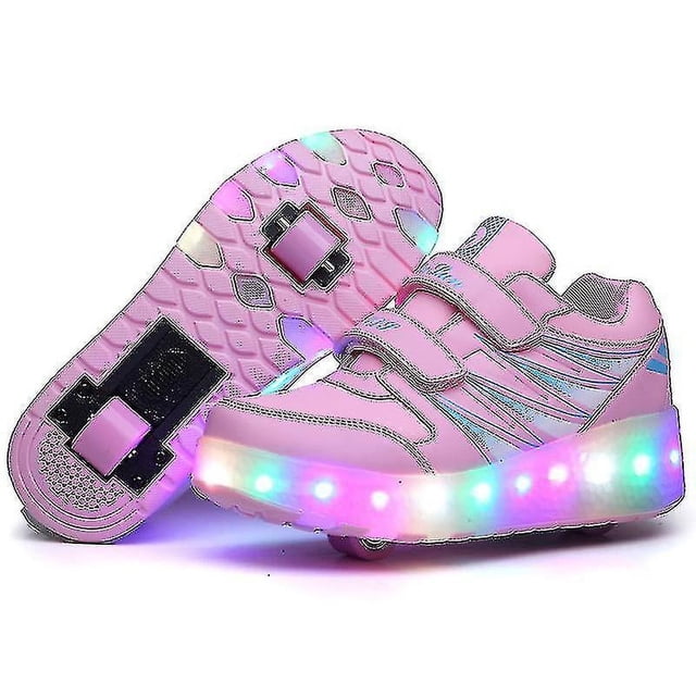 Patins à Roulettes Rechargeables par USB à DEL par Vinsniv avec un design Rose Vif, des Semelles Lumineuses et des Roues Détachables. Ces Patins à Roulettes pour Enfants, Adolescents et Adultes Combinent Espadrilles et Patinage avec un design à Double Roue. la Recharge USB Assure des Heures de Plaisir de Patinage Illuminé.