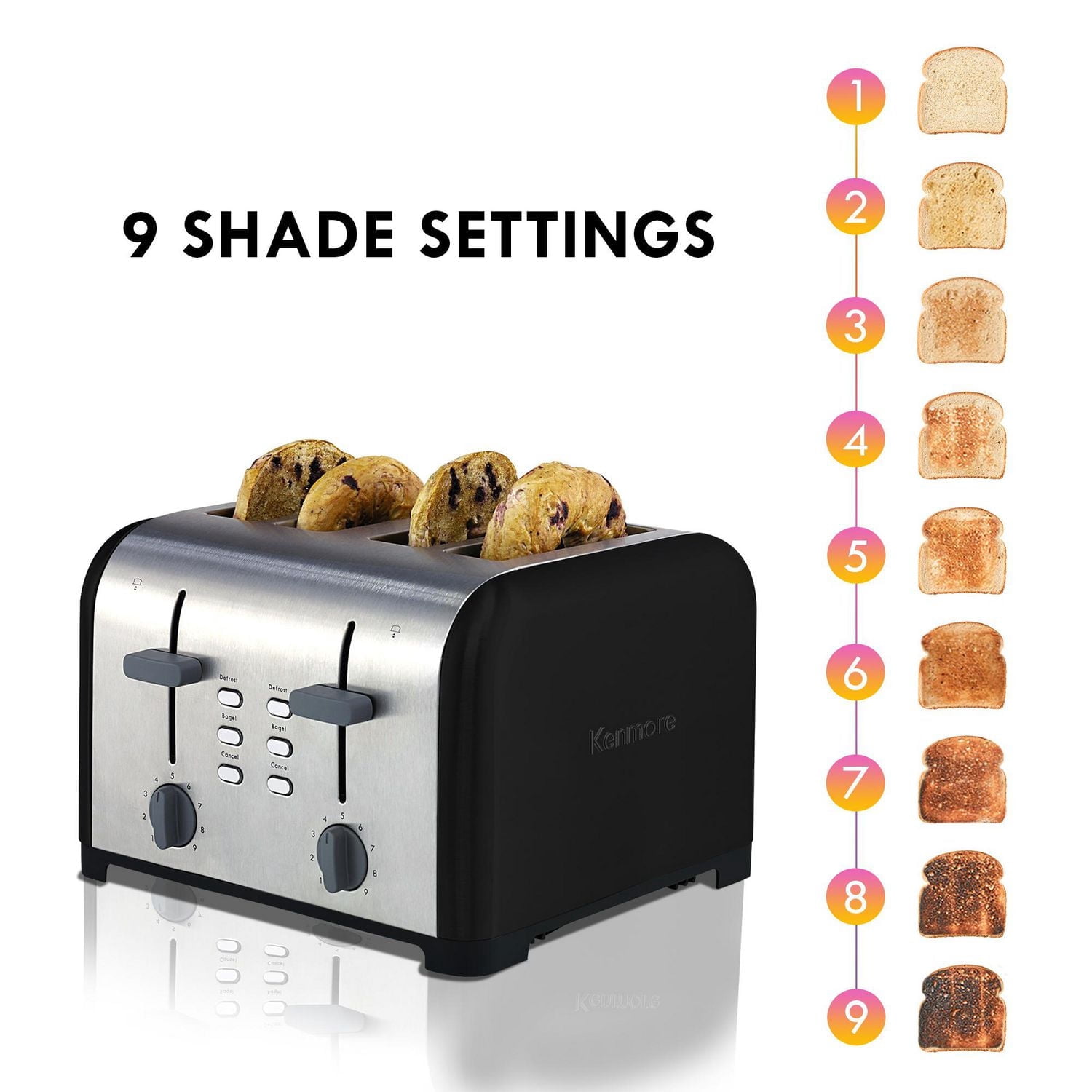 Kenmore Grille-pain 4 tranches en acier inoxydable, commandes doubles, fentes extra larges, 9 niveaux de brunissage pour griller et bagels