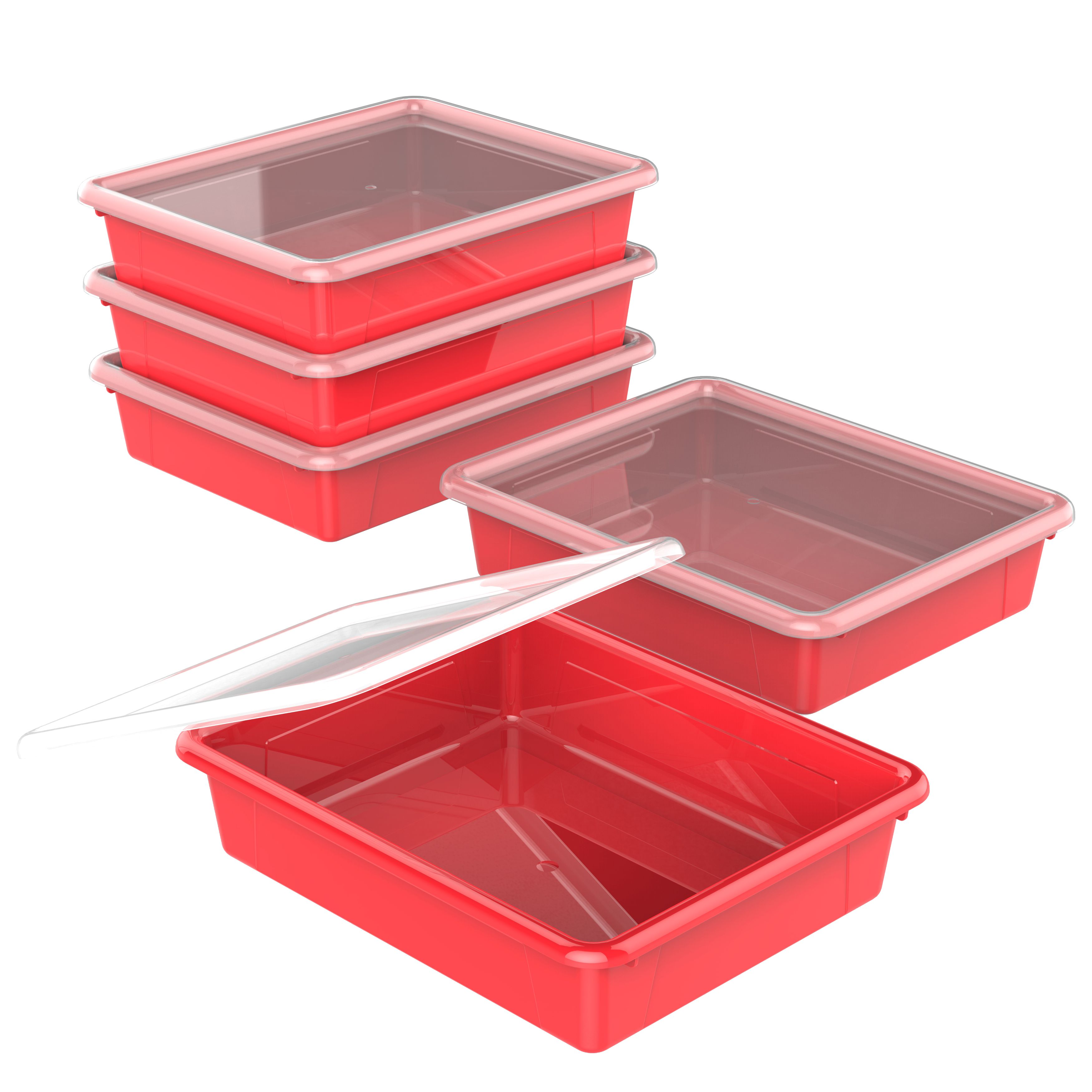 Storex Flat Storage Tray with Lid, Letter Size, 10 x 13 x 3 Inches, Red, 5-Pack
