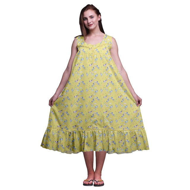 Bimba Medium Medium Yellow10 Nature Unicorn & Rainbow Chemises de Nuit en Coton Imprimées pour Femmes Robe Sans Manches Tenue de Nuit Robe Maxi