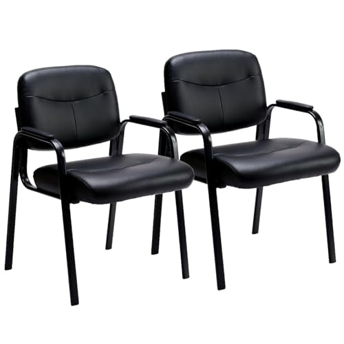 Sweetcrispy Waiting Room Chair Reception Chair Office Guest Chair Set of 2, featuring a sleek black leather design with padded arms and sturdy metal frames. These chairs are ideal for conference rooms, lobbies, or office guest seating, offering comfort and durability without wheels.