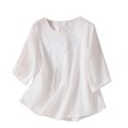 thumbnail image 1 of Timegard Hauts en Coton et Lin pour Femmes Manches 3/4 Col Rond Blouse Froncée Brodée Décontractée Ample, 1 of 7
