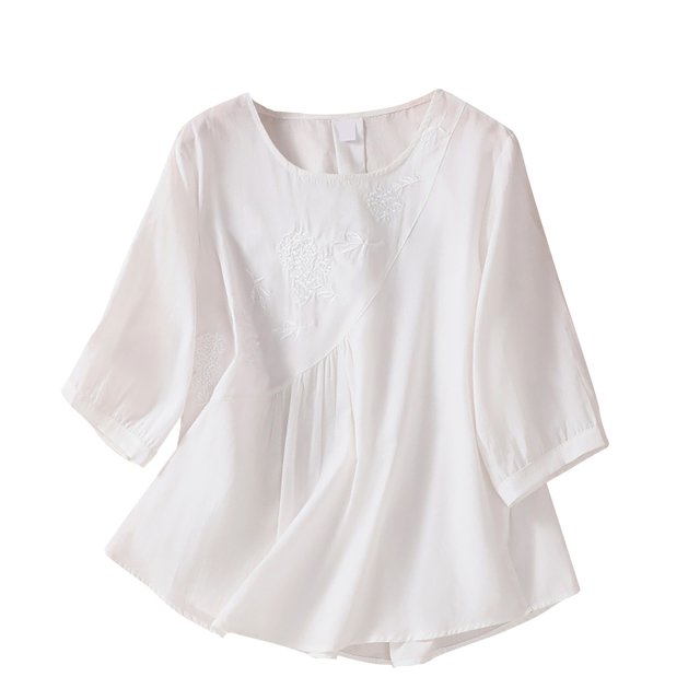 Timegard Hauts en Coton et Lin pour Femmes Manches 3/4 Col Rond Blouse Froncée Brodée Décontractée Ample