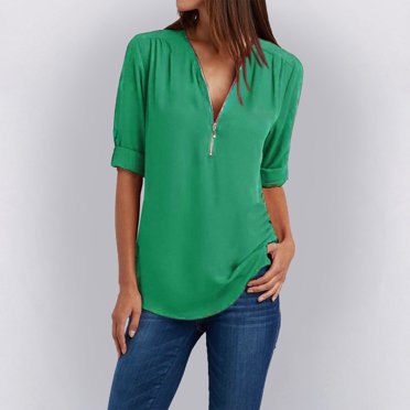Green Womens Tops Button Women Ladies Clothing Loose Shirt Chiffon Zipper Long Sleeves Plus Size Tops Going Out Tops for Women