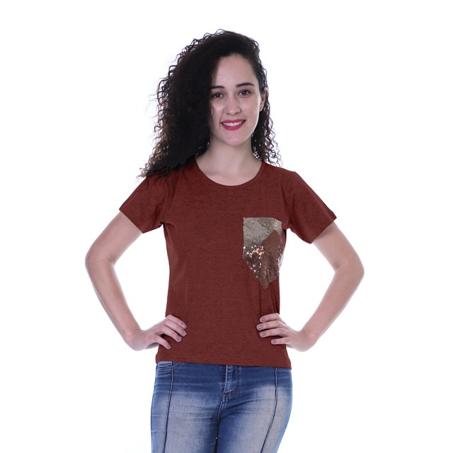 Moomaya T-shirt à Col Rond pour Femmes à Manches Courtes avec Poche Appliquée à Paillettes - OW